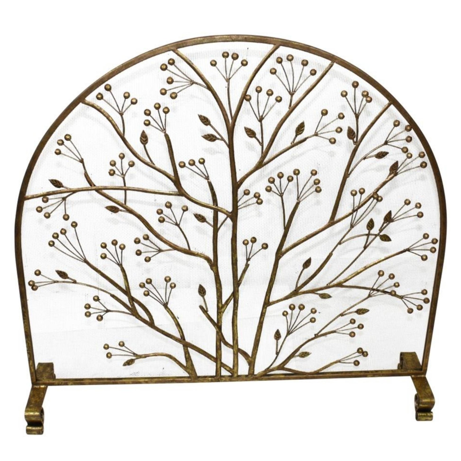 Branch and Berry Nature Inspired Fireplace Screen with Arched Top - Single Panel Iron Fire Screen | InsideOutCatalog.com