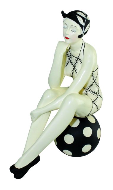 Bathing Beauty Figurine on Beach Ball - Black & White Swimsuit & Head Scarf | Collectible Bather | Beach Girl Figurine | Classic Black and White Swimwear on Collection Bathing Beauty Statuary | INSIDE OUT | InsideOutCatalog.com