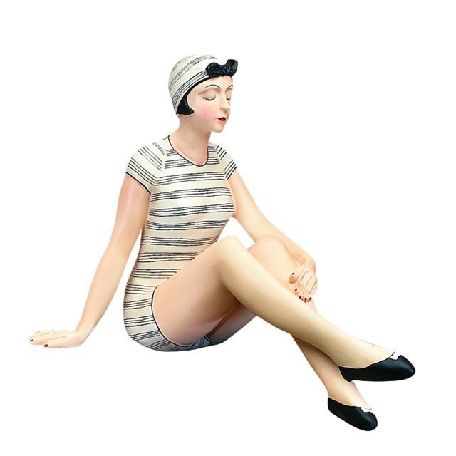 Bathing Beauty Figurine in Black & White Striped Bathing Suit with Knees Up | Collectible Figurine | Vintage Look | INSIDE OUT | InsideOutCatalog.com