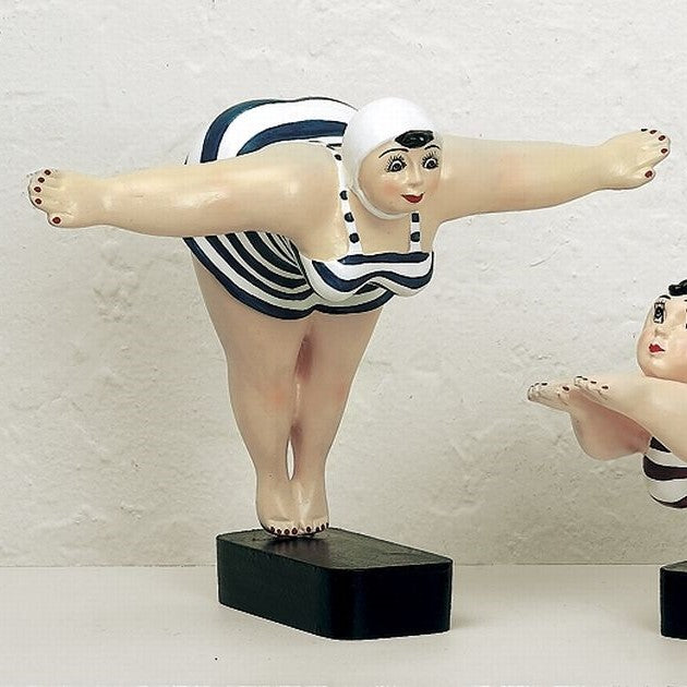 Diving Girl Resin Statue - Whimsical Statuary - Diver in Navy Blue and White Swimsuit | INSIDE OUT | InsideOutCatalog.com