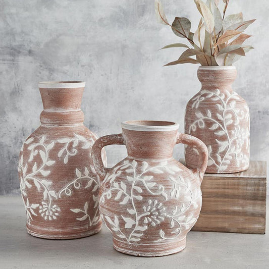 Earthy Terracotta Vases with Textured White Floral Design - 3 Designs to Choose From | InsideOutCatalog.com