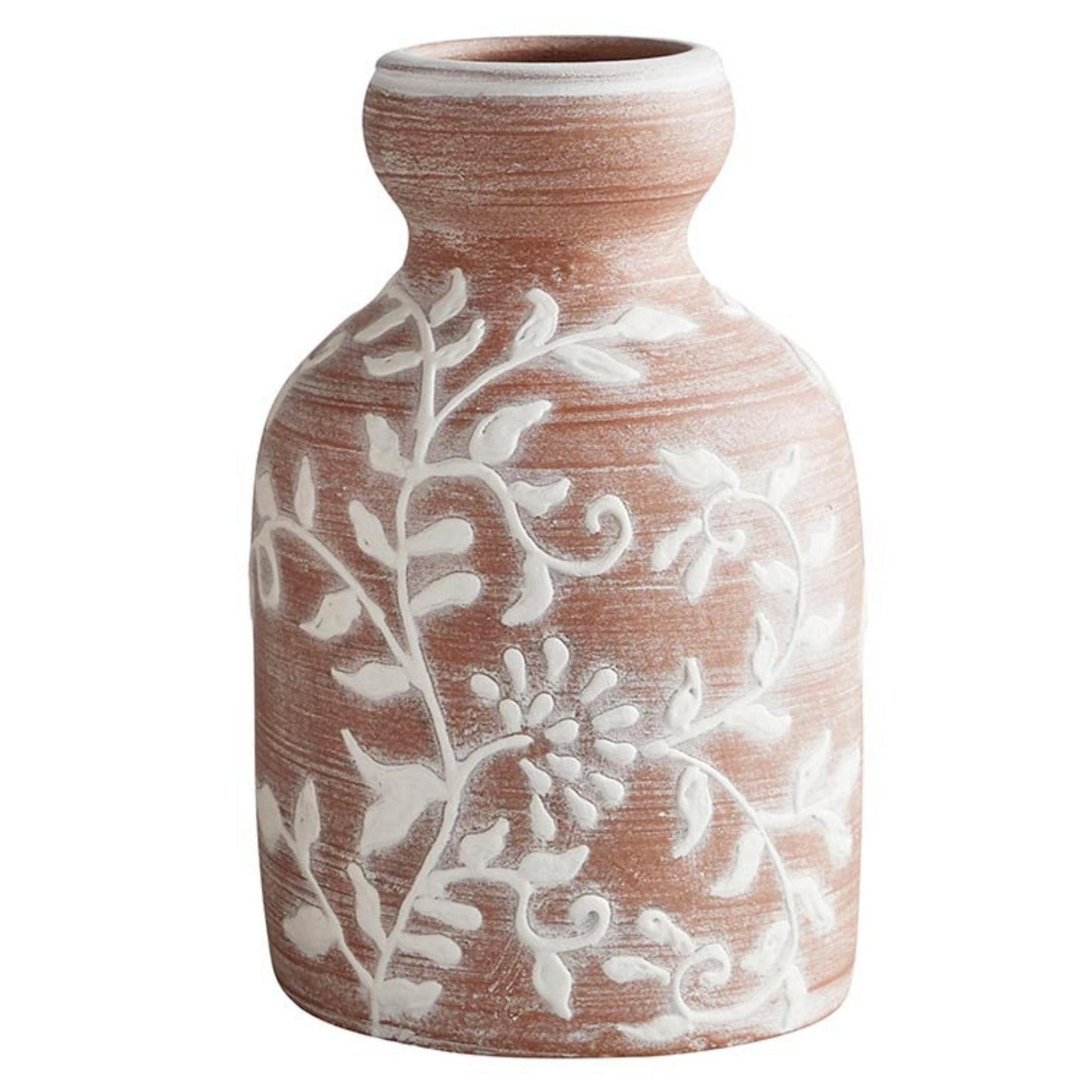 Earthy Terracotta Vases with Textured White Floral Design - 3 Designs to Choose From | Short Terra Cotta Vase Shown | InsideOutCatalog.com