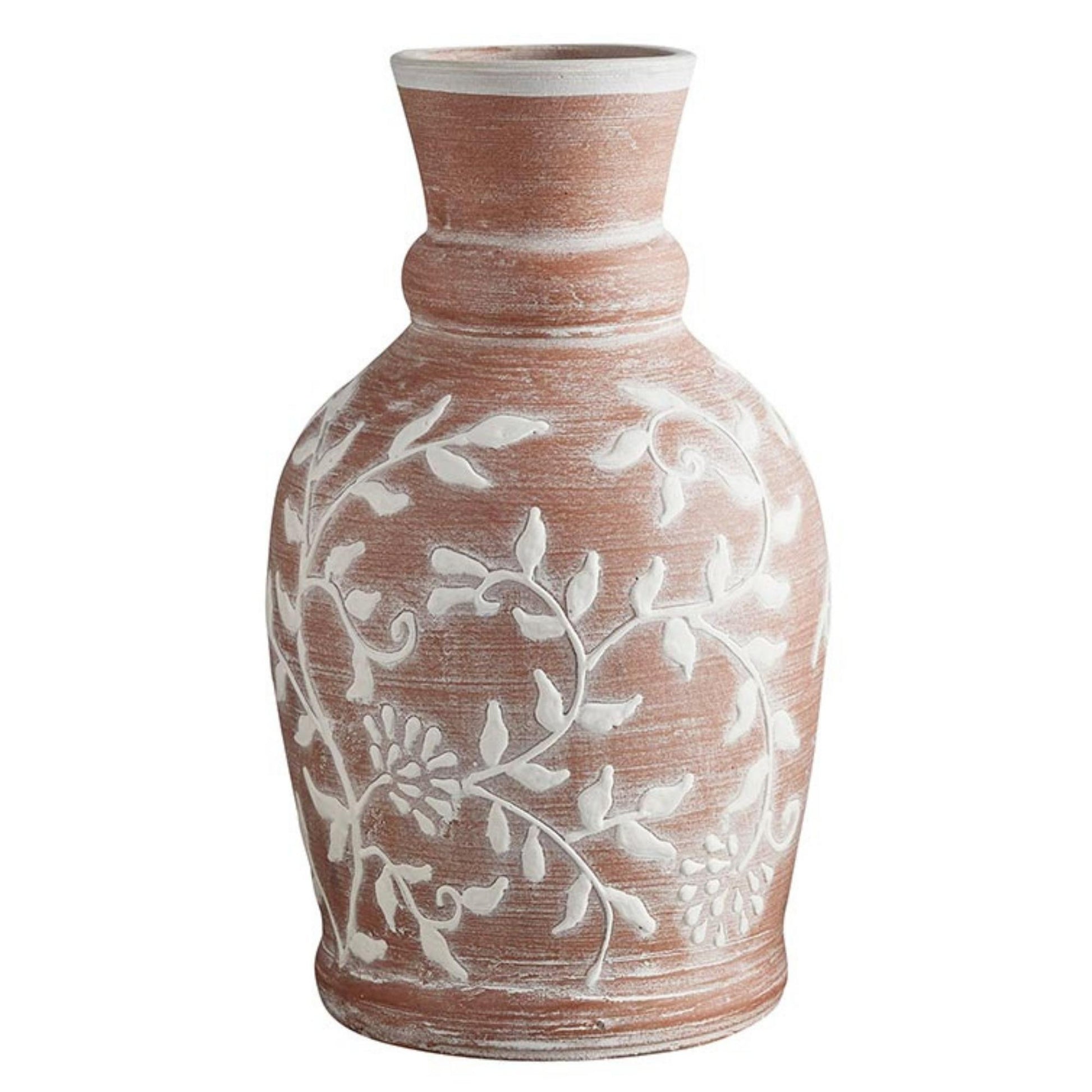 Earthy Terracotta Vases with Textured White Floral Design - 3 Designs to Choose From | Tall Terra Cotta Vase Shown | InsideOutCatalog.com