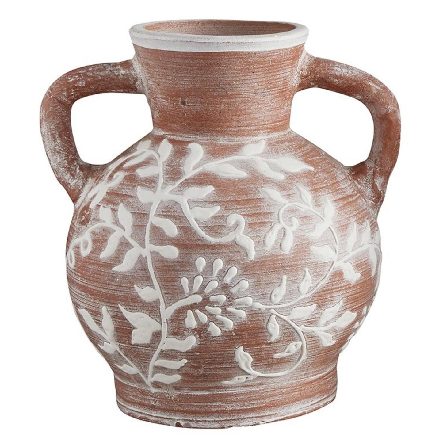 Earthy Terracotta Vases with Textured White Floral Design - 3 Designs to Choose From | Two Handle Terra Cotta Vase Shown | InsideOutCatalog.com