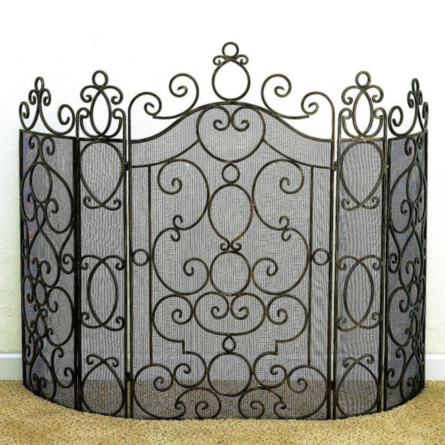 Faux Antique Brass Five Panel Iron Fire Screen with Mesh Backing | INSIDE OUT | InsideOutCatalog.com