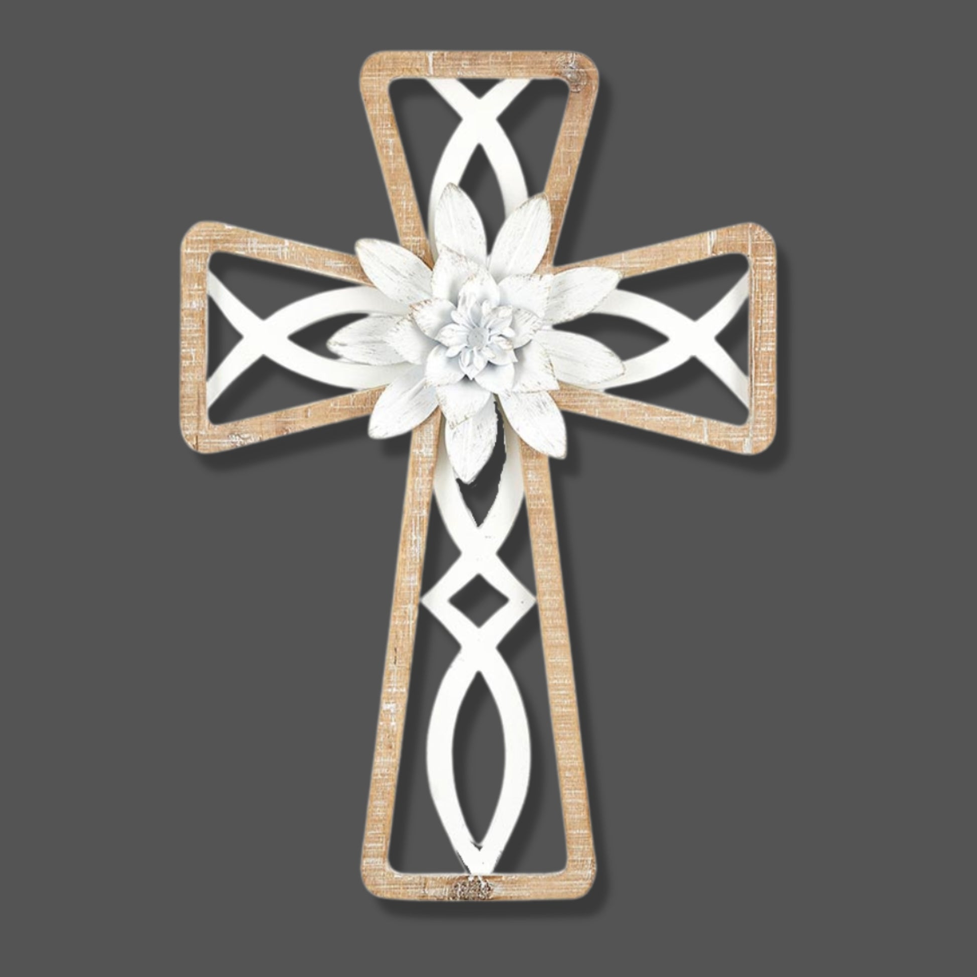 Wood Framed Ichthys (Icthus) Wall Cross - Fir and Metal Cross with White Metal Flower (14"H) shown on dark interior wall | INSIDE OUT | InsideOutCatalog.com