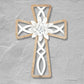 Wood Framed Ichthys (Icthus) Wall Cross - Fir and Metal Cross with White Metal Flower (14"H) shown on old world textured stucco wall | INSIDE OUT | InsideOutCatalog.com