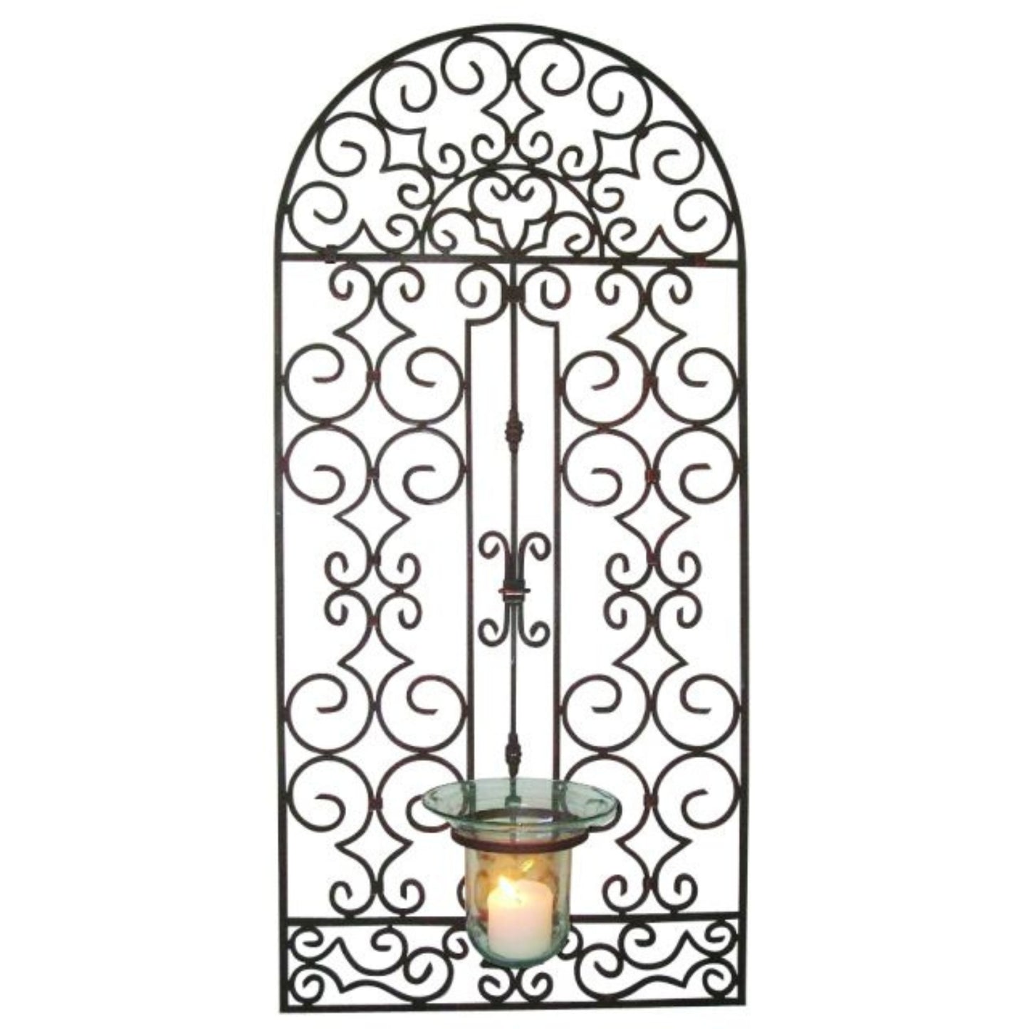 Iron Garden Gate Design Wall Hurricane Candle Holder - Antique Brown Metal Art (49.5"H) | INSIDE OUT | InsideOutCatalog.com