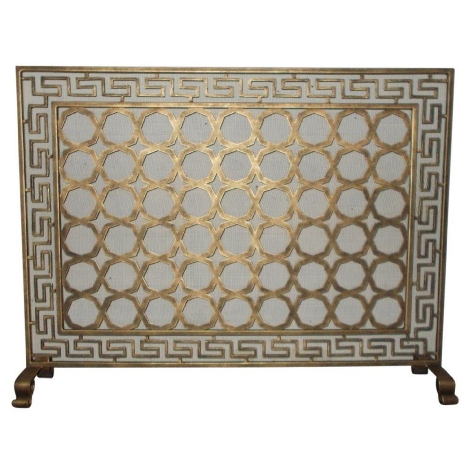 Greek Key Designer Fireplace Screen in a Light Burnished Gold Finish - Single Panel Screen | InsideOutCatalog.com