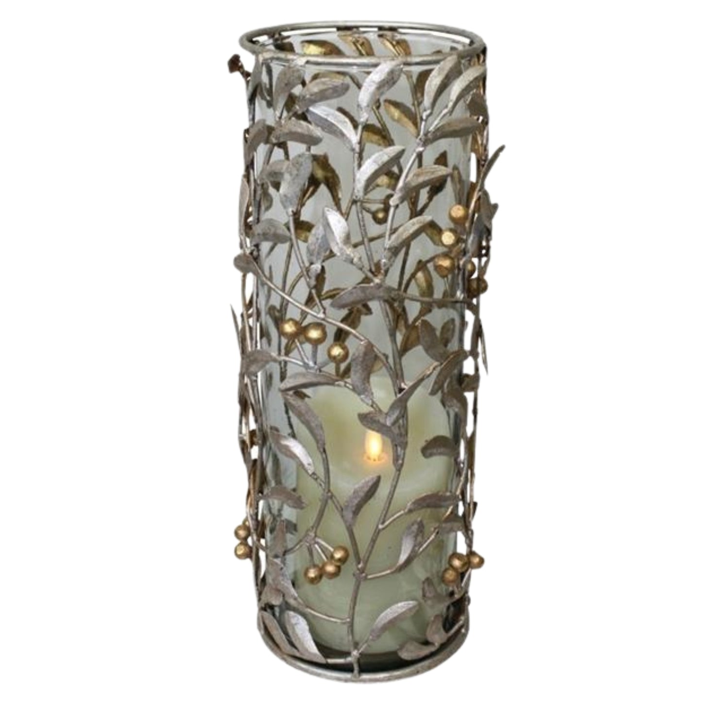Silver and Gold Iron Hurricanes - Leaf & Berry Accented Iron & Glass Candle Holders - 3 Sizes to Choose From | Large Iron Candle Holder Shown | INSIDE OUT | InsideOutCatalog.com
