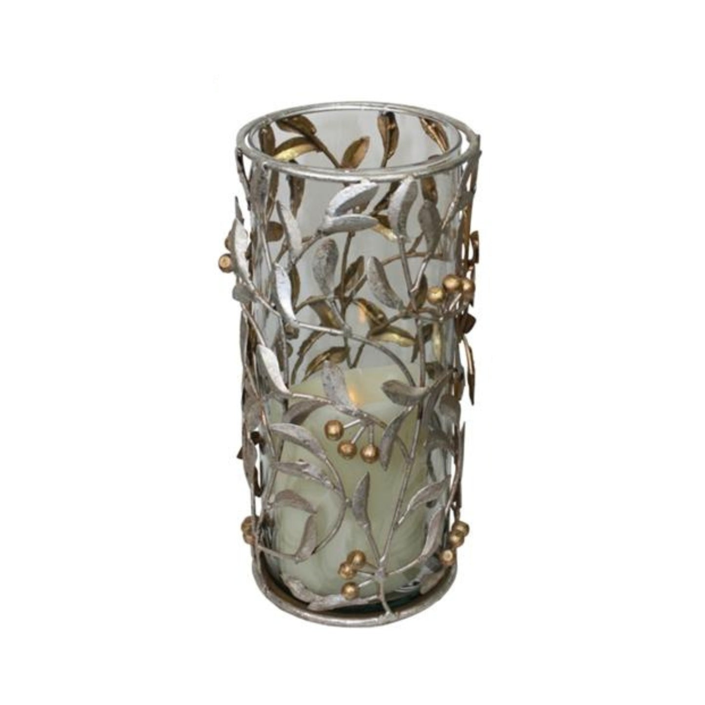 Silver and Gold Iron Hurricanes - Leaf & Berry Accented Iron & Glass Candle Holders - 3 Sizes to Choose From | Medium Iron Candle Holder Shown | INSIDE OUT | InsideOutCatalog.com