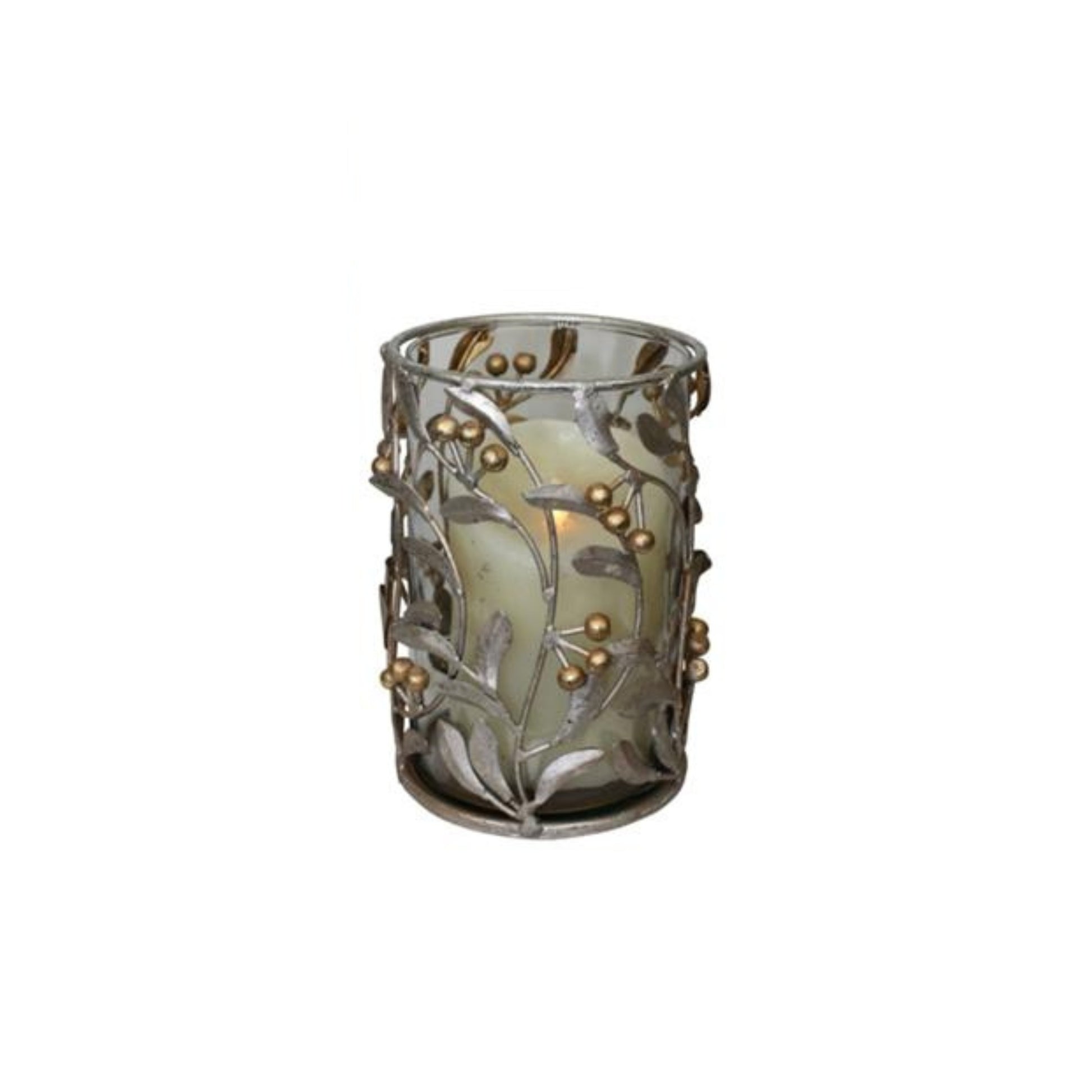 Silver and Gold Iron Hurricanes - Leaf & Berry Accented Iron & Glass Candle Holders - 3 Sizes to Choose From | Small Iron Candle Holder Shown | INSIDE OUT | InsideOutCatalog.com