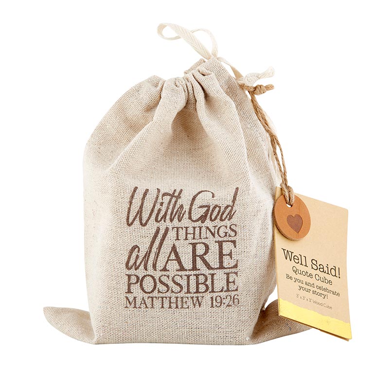 Wood Block Message Cube - With God all things are possible (Matthew 19:26) - Inspirational Home Accent | Drawstring gift bag or storage bag | INSIDE OUT | InsideOutCatalog.com