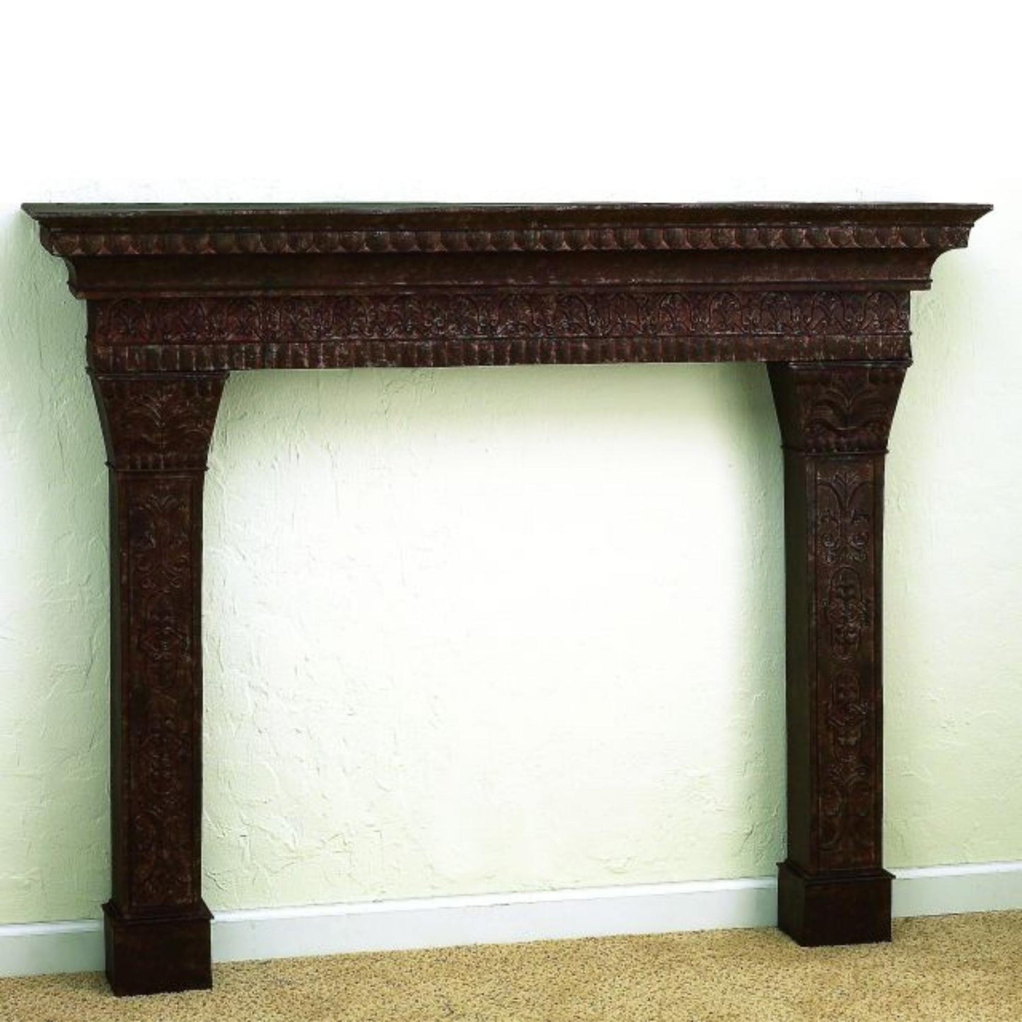 Iron Fireplace Mantle - Brown Taupe 3 Section Mantle shown against wall | InsideOutCatalog.com
