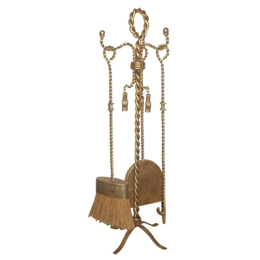 Iron Fireplace Tool Set - Antique Gold Twisted Iron Fireplace Tools | Fireplace set includes the stand, fire log poker, ash scoop, and broom | InsideOutCatalog.com