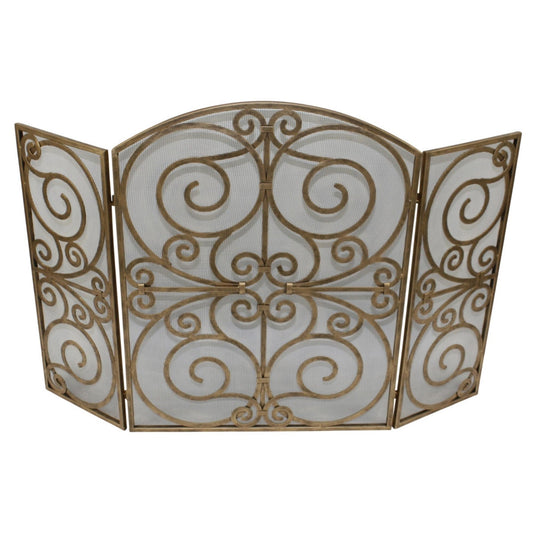 Iron Rolled Scroll Design Fireplace Screen - Fire Hearth Three Panel Screen with Mesh | InsideOutCatalog.com