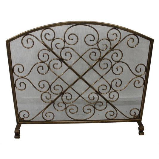 Iron Scroll Design with X in the Center Fire Screen - Single Panel Fireplace Screen with Arched Top | InsideOutCatalog.com