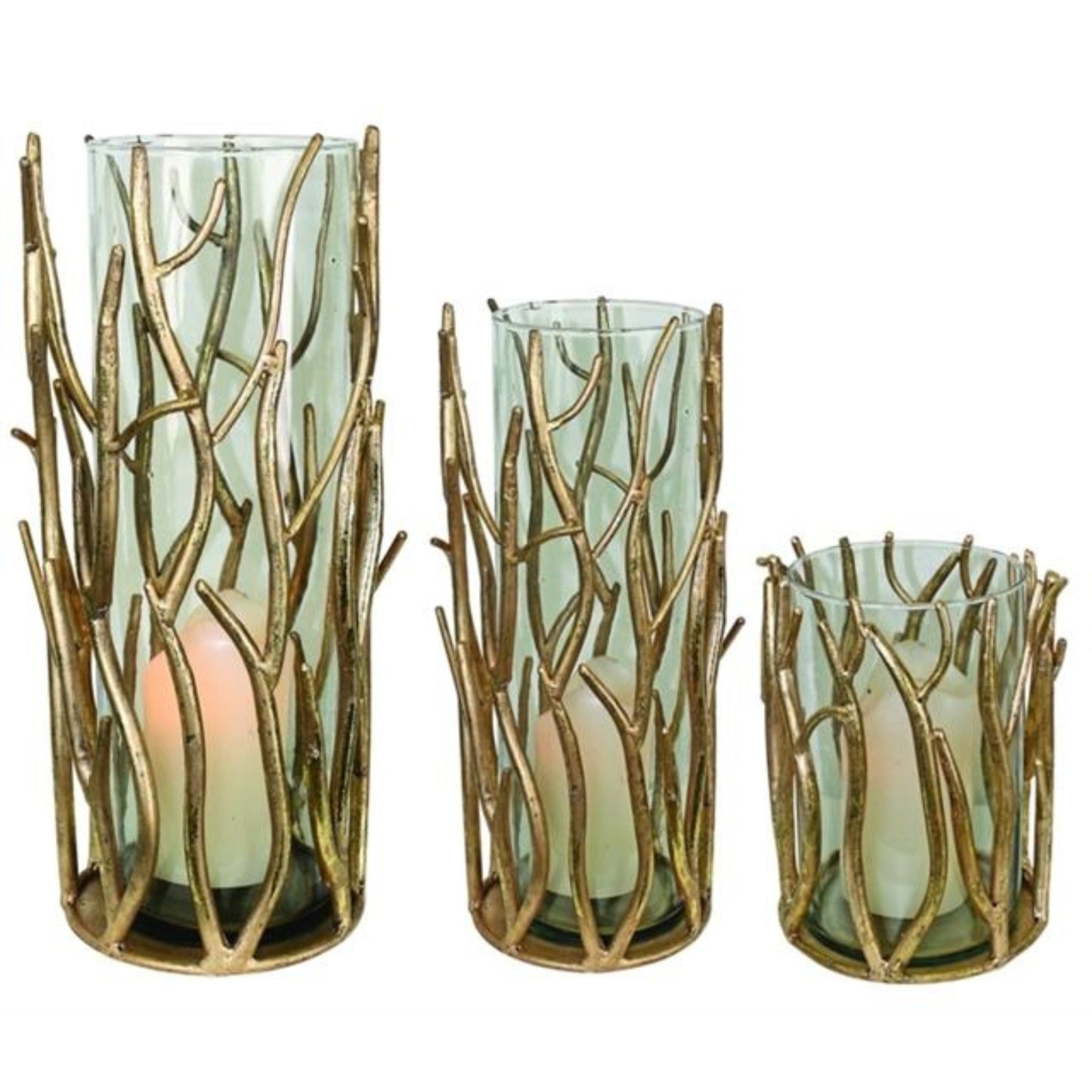 Italian Gold Iron Hurricanes - Twig Accent Iron & Glass Candle Holders - 3 Sizes to Choose From | Beautiful estate quality home decor | INSIDE OUT | InsideOutCatalog.com