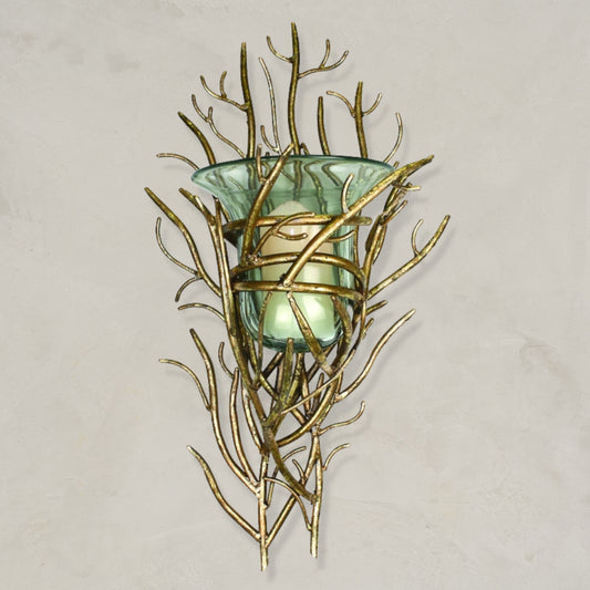 Italian Gold Iron Wall Hurricane - Twig Accent Candle Holder - Iron Wall Decor (20"H) shown on neutral interior wall | INSIDE OUT | InsideOutCatalog.com