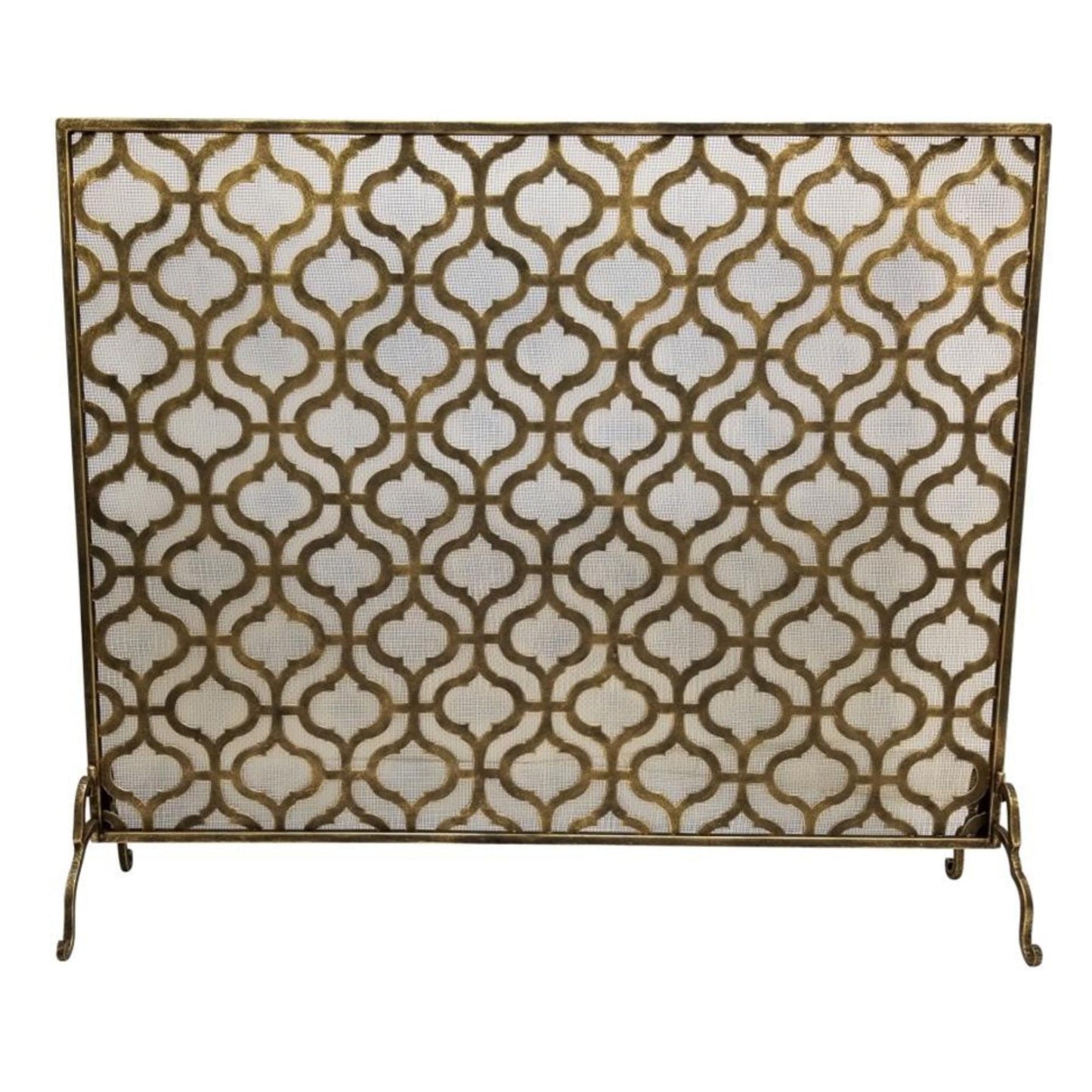Large Iron Fire Screen with Quadrille Design - Light Burnished Gold Single Panel Fireplace Screen | InsideOutCatalog.com