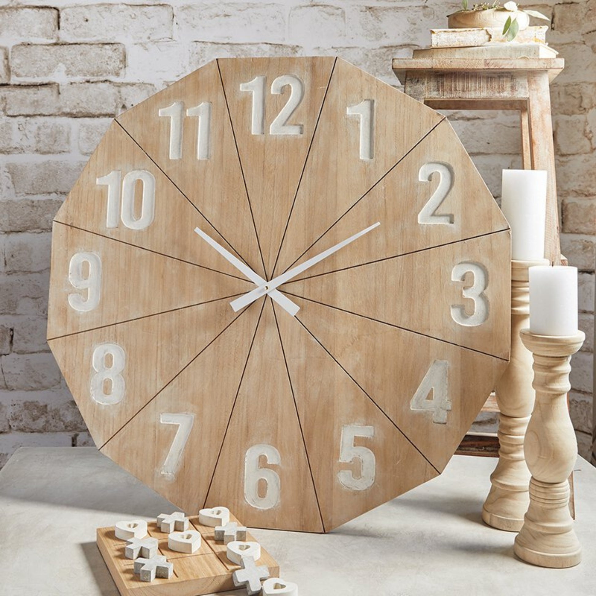 Natural Finished Wood Clock - Subtle Rustic Style Wall Clock - Timeless Wall Decor (31") | shown with pillar candle holders | INSIDE OUT | InsideOutCatalog.com