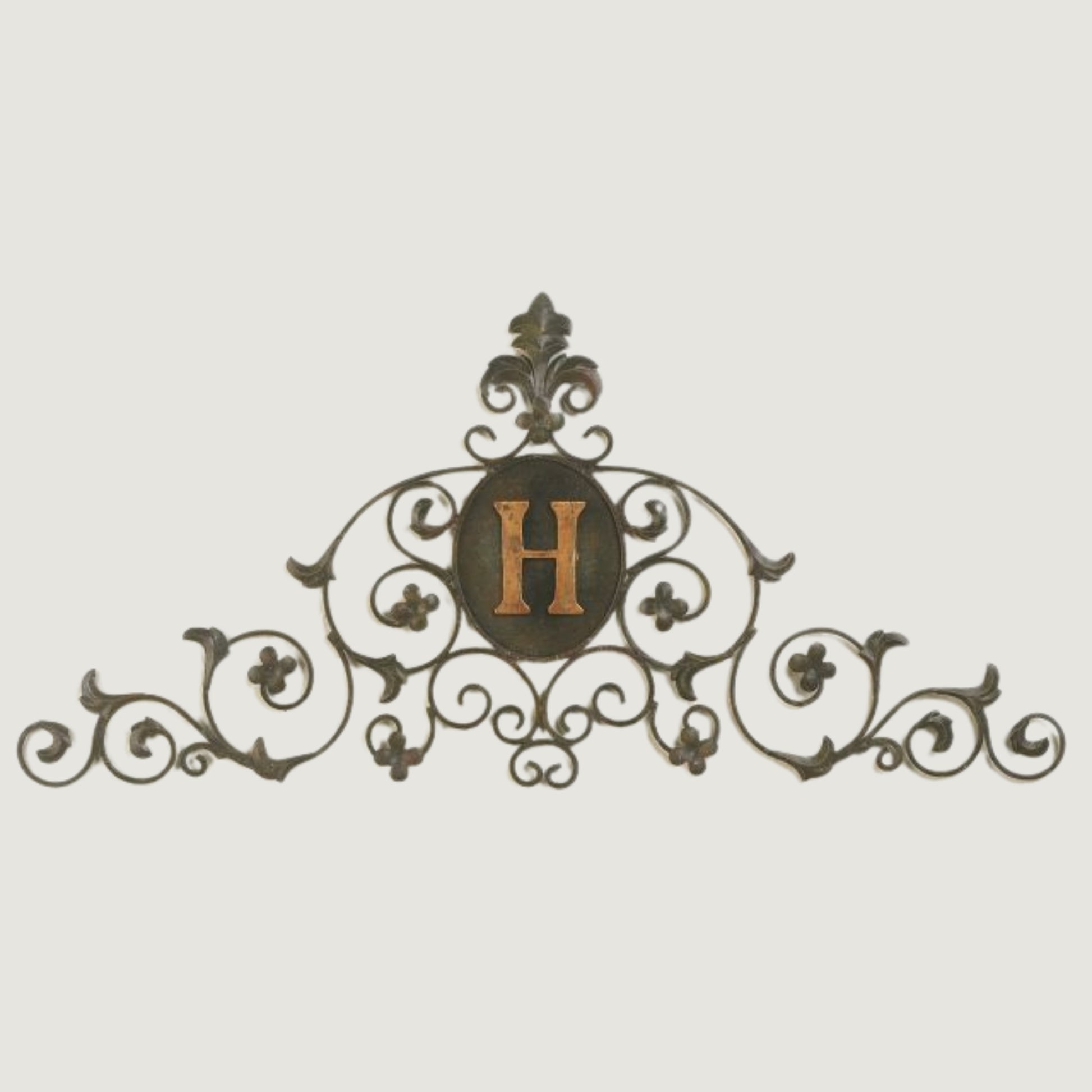 Leaf and Fleur de Lis Iron Monogrammed Wall Grille - Monogram Wall Decor | Estate Quality Home Decor | Personalized Wall Decor | Shown with the Monogram "H" | Iron finished in a faux green brown stain with Italian gold 5" monogram | INSIDE OUT | InsideOutCatalog.com