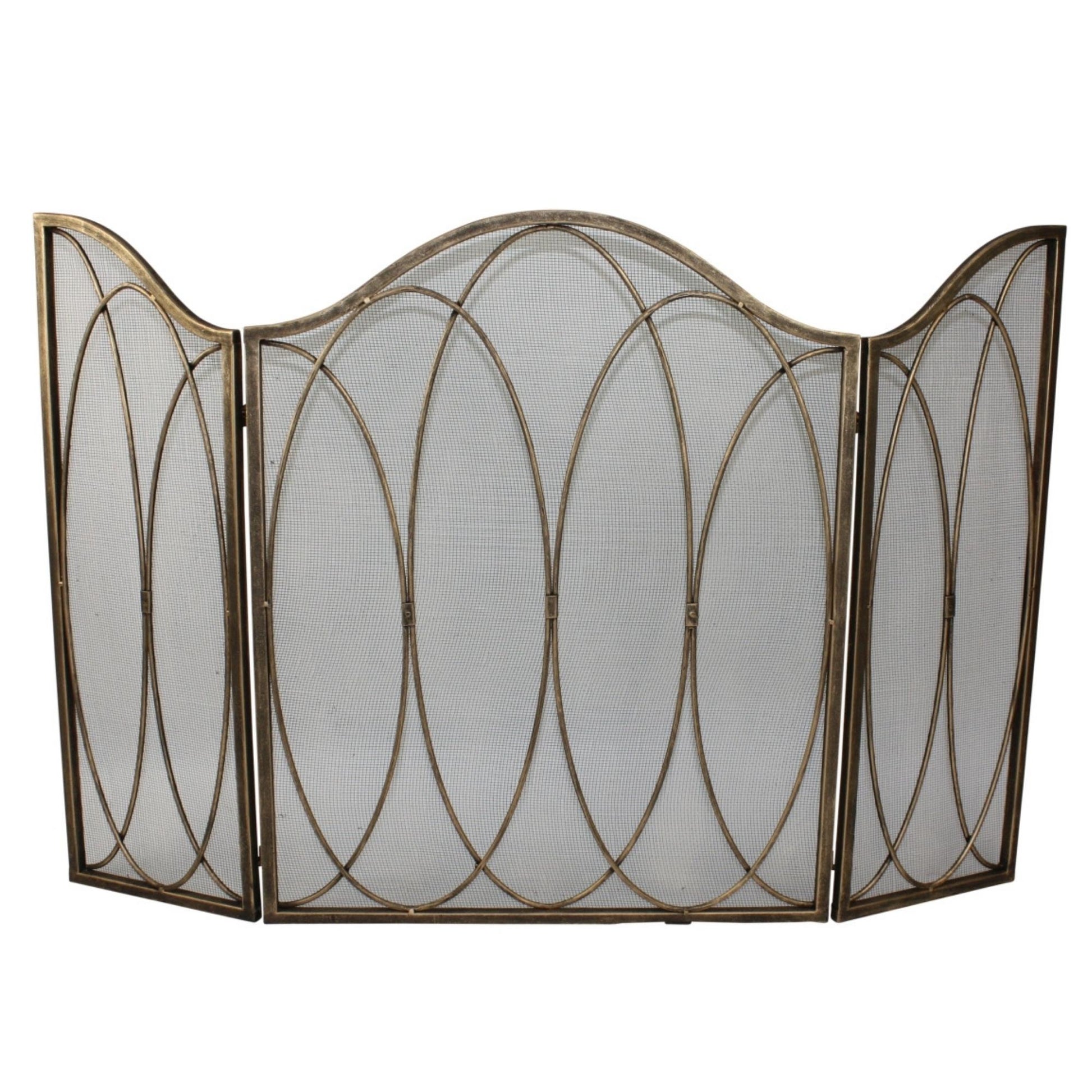 Light Burnished Gold Iron Fire Screen Oval Design and Mesh Backing - Three Panel Fireplace Screen | InsideOutCatalog.com
