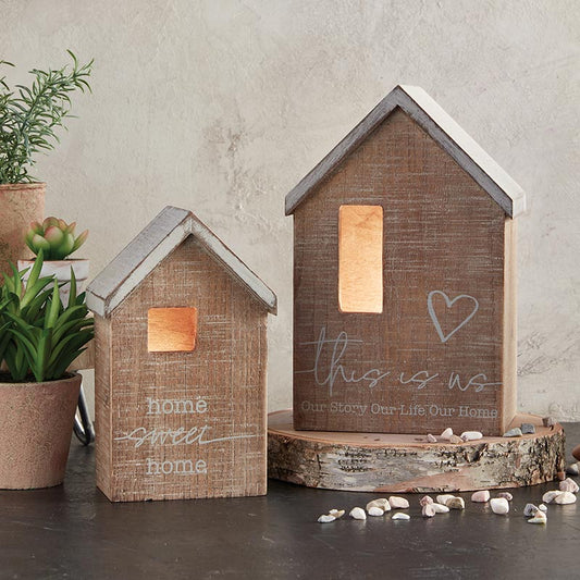 Decorative Wooden Nesting Houses with LED Candles - Set of Two Home Accents | home sweet home | this is us Our Story Our Life Our Home | On display with LED candles | INSIDE OUT | InsideOutCatalog.com