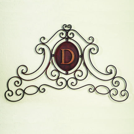 Monogrammed Iron Scroll Wall Grille - Monogram Wall Decor | Estate Quality Home Decor | Personalized Wall Decor | Shown with the Monogram "D" | Iron finished in a antique brown with Italian gold 5" monogram | INSIDE OUT | InsideOutCatalog.com