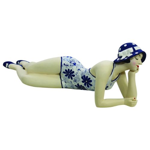 Bathing Beauty Figurine in White and Nautical Blue Floral Swimsuit - Medium Size Bather Statue Laying Down | INSIDE OUT | InsideOutCatalog.com