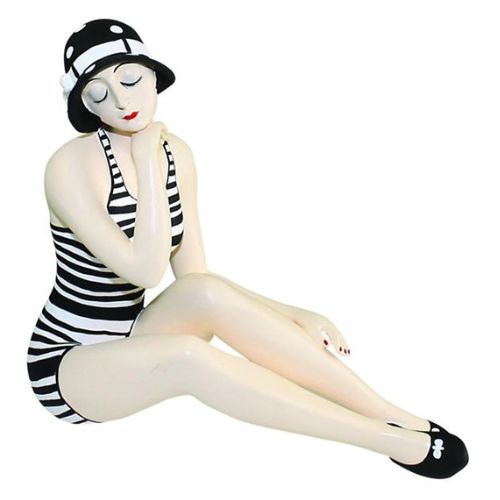 Bathing Beauty Figurine in Black & White Striped Swimsuit - Medium Size Bather Statue Sitting | INSIDE OUT | InsideOutCatalog.com