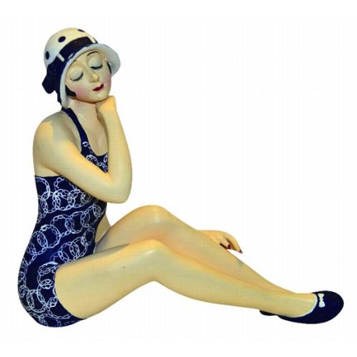 Bathing Beauty Figurine in Navy Suit with White Chain Accent Design - Medium Size Bather Statue Sitting | INSIDE OUT | InsideOutCatalog.com