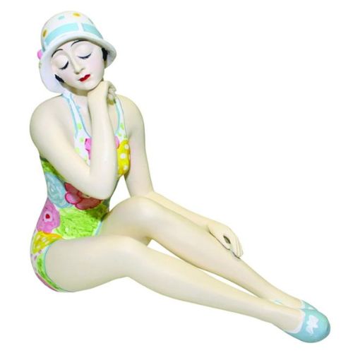 Bathing Beauty Figurine in Floral Pastel Colored Swimsuit - Medium Size Bather Statue Sitting | INSIDE OUT | InsideOutCatalog.com
