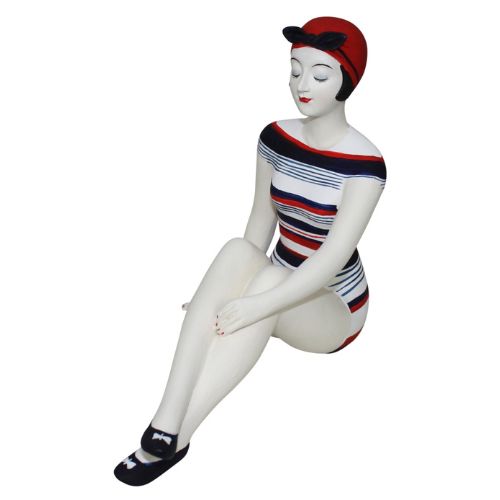 Bathing Beauty Figurine in Red, White, and Navy Striped Swimsuit - Medium Size Bather Statue Sitting with Knees Up | INSIDE OUT | InsideOutCatalog.com