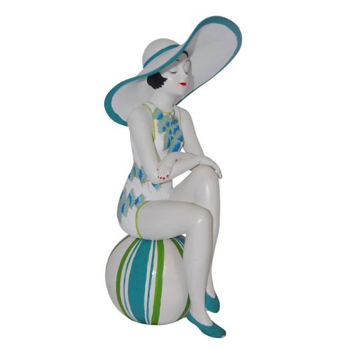 At the Beach Bathing Beauty Figurine in Turquoise and Lime Green Floral Swimsuit with Large Sun Hat - Medium Bather Statue Sitting on Beach Ball | INSIDE OUT | InsideOutCatalog.com