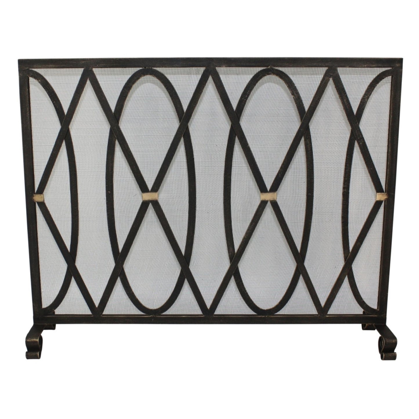Oval and Diamond Design Single Panel Iron Fire Screen with Mesh - Burnished Gold Iron Screen | InsideOutCatalog.com