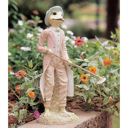 Phineas Frog Garden Statue - LIMITED QUANTITIES | Resin Statuary | Frog statue holding rake wearing hat and jacket with tails | INSIDE OUT | InsideOutCatalog.com
