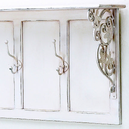 Wood Wall Shelf with Iron Brackets and Three Iron Coat Hooks - Distressed White or Distressed Blue