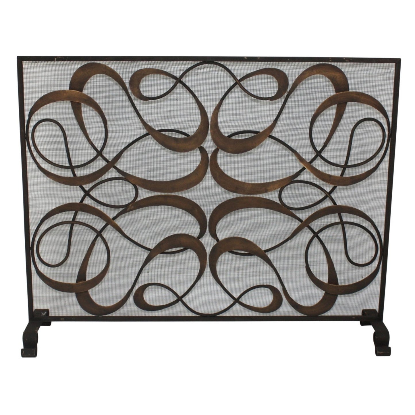 Single Panel Iron Fire Screen - Dark Gold Fireplace Screen with Swirl Design | InsideOutCatalog.com