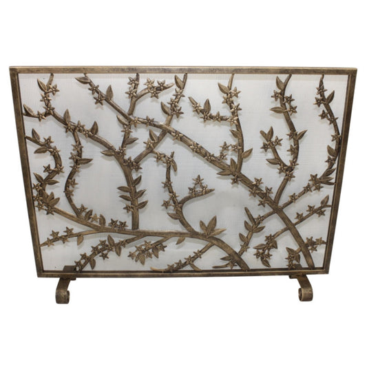 Single Panel Iron Fireplace Screen - Antique Gold Cherry Blossom Design Fire Screen | InsideOutCatalog.com