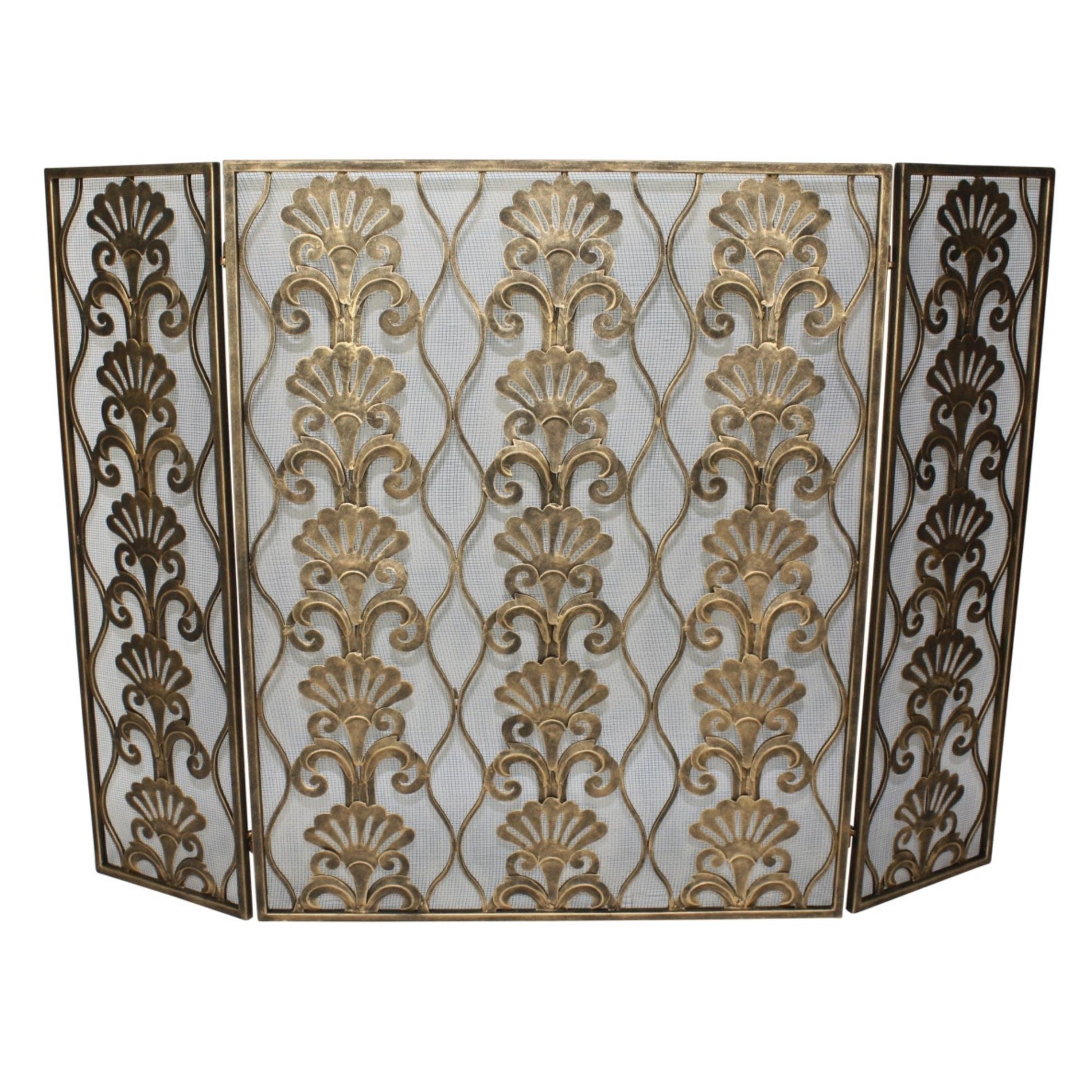 Three Panel Iron Fireplace Screen with Shell Accent Design - Light Burnished Gold | InsideOutCatalog.com