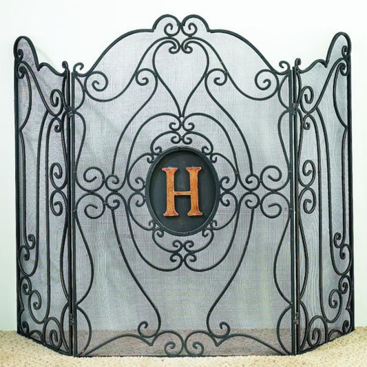 Three Panel Monogrammed Iron Fireplace Screen with Mesh Backing | INSIDE OUT | InsideOutCatalog.com