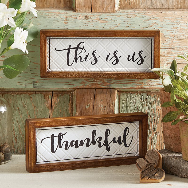Thankful Wood Framed Enamel Plaque Wall Decor | shown with this is us wall decor | INSIDE OUT