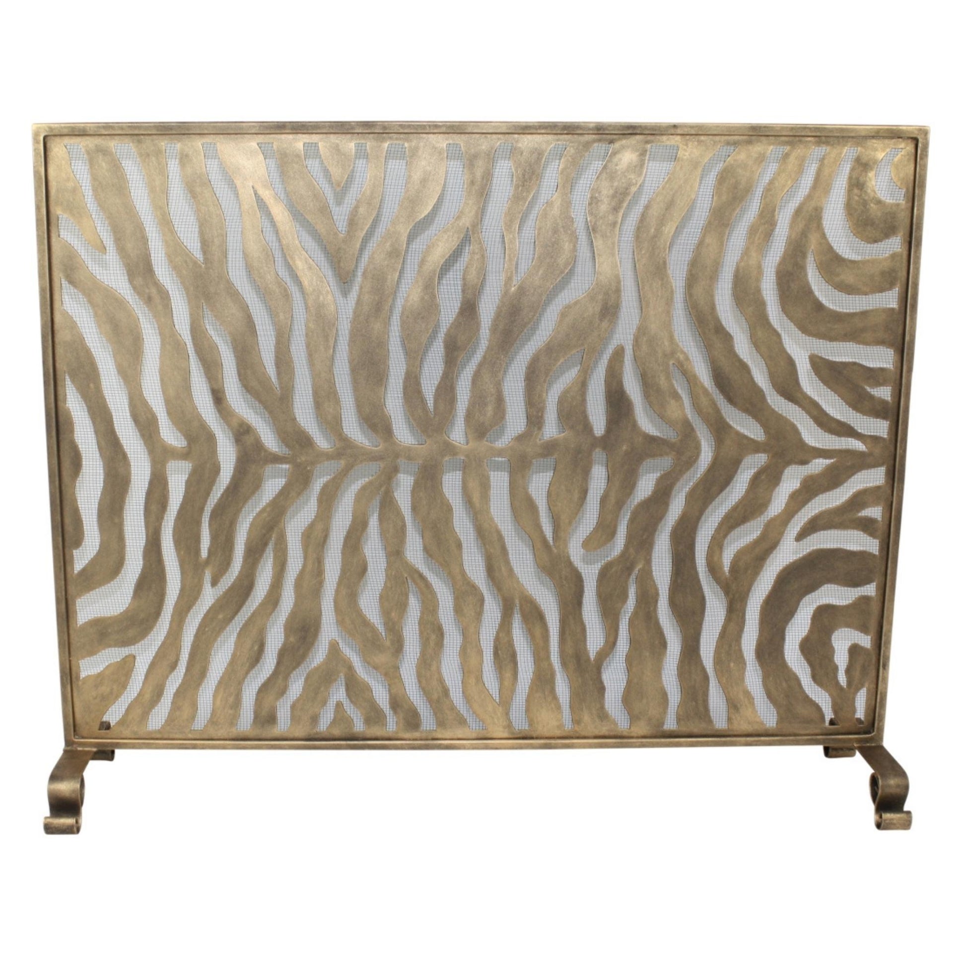 Zebra Design Iron Fire Screen in Burnished Gold - Animal Print Home Decor | InsideOutCatalog.com