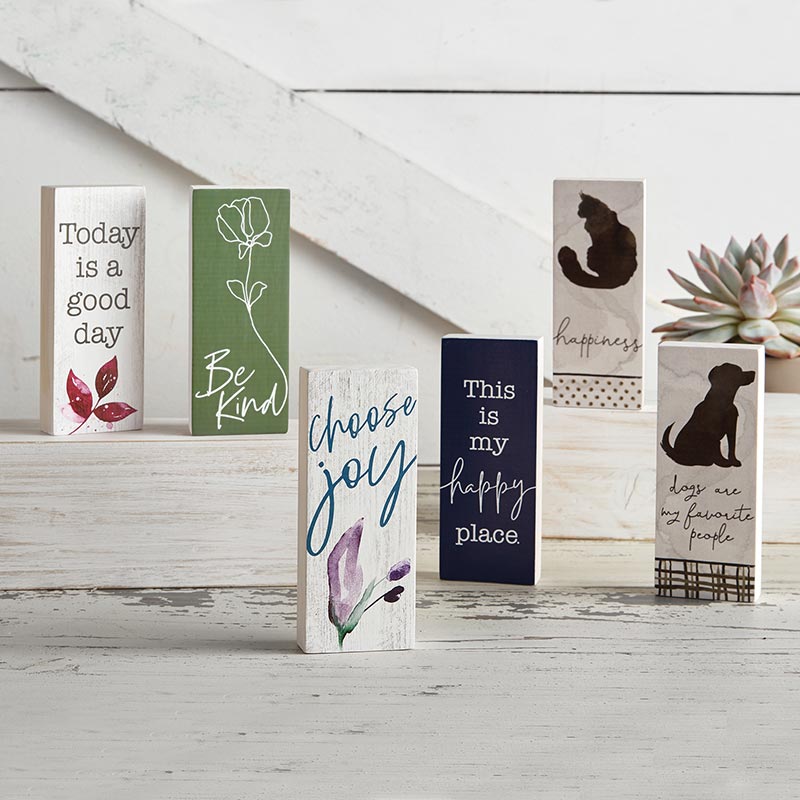 Inspirational Wood Message Block Home Accent - Happiness with Cat Silhouette |  Shown with other inspirational message home accents | INSIDE OUT | InsideOutCatalog.com