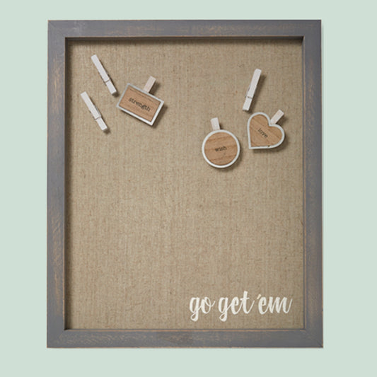 Magnet Board Fabric Framed Wall Art with Magnets - go get 'em (15x18) | Includes 6 magnets as shown... 3 clothespin magnets 3 inspirational magnets (strength, wish, love) | shown on light mint green home office wall | INSIDE OUT | InsideOutCatalog.com